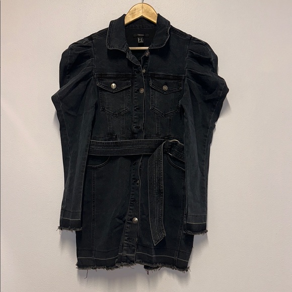 F21 Denim puff sleeve Grey Black denim jean mini dress long sleeve belted medium - Picture 3 of 8